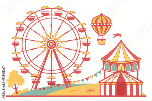 Carnival scene with Ferris wheel and circus tent fair