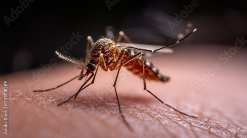 Wallpaper Mural Close-up image of a mosquito feeding on human skin, showcasing intricate details and textures. Torontodigital.ca