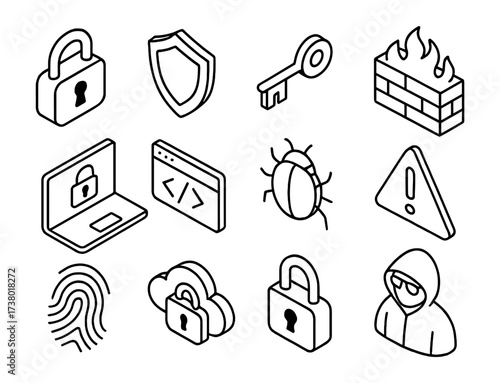 Cybersecurity icons set: isometric line art symbols for data protection and network security