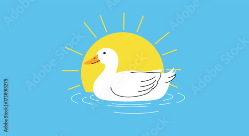 A peaceful white duck swims serenely on the water under a bright sun.