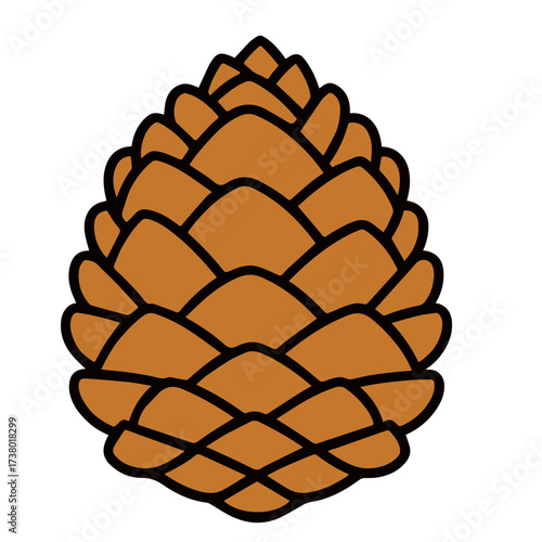 Illustration of a brown pine cone with scales and a black outline on a white background design art