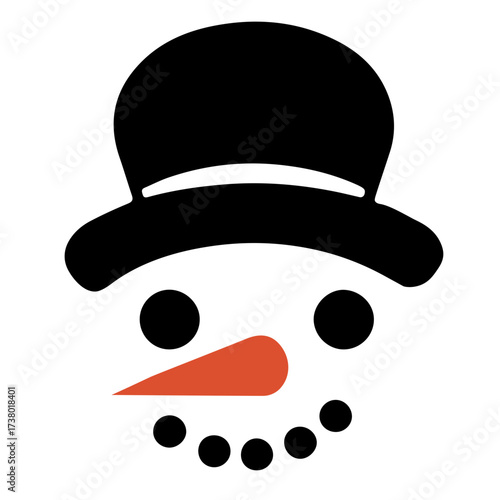 Illustration of a snowman face with a black hat and an orange carrot nose on a white background design