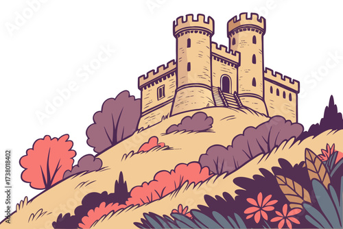 Cartoon Castle on Colorful Hilltop with Trees and Flowers