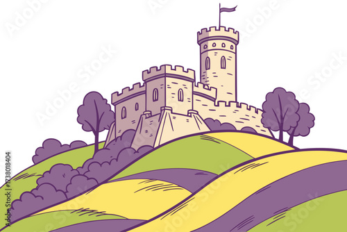 Cartoon castle on rolling hills with purple trees hilltop