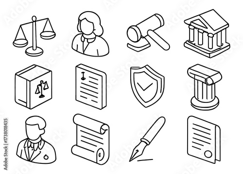 Isometric legal icons: justice, courtroom, and law symbols in modern design