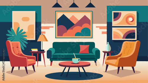 A luxurious reading lounge with a mix of velvet and leather chairs a carved wooden coffee table and an oversized gallery wall of abstract artwork.