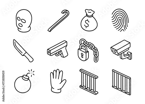 Crime and security icons: guns, masks, and cctv cameras in bold linear style