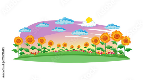 Cartoon Sunflower Field with Colorful Sky and Clouds