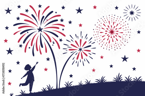 Child watching red and blue fireworks in starry night sky