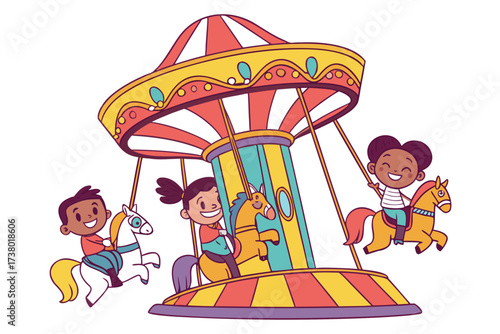 Children happily riding a colorful carousel ride happy