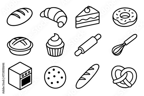 Black and white outline icons of bakery and pastry items