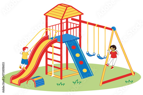 Children playing on colorful playground equipment swings