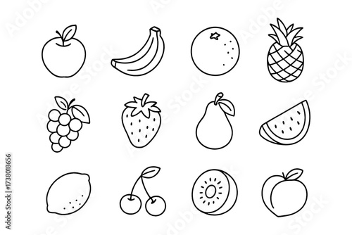 Minimalist line art collection of popular fruits in black and white