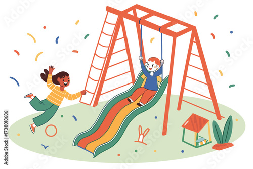 Children playing on colorful playground slide and swings