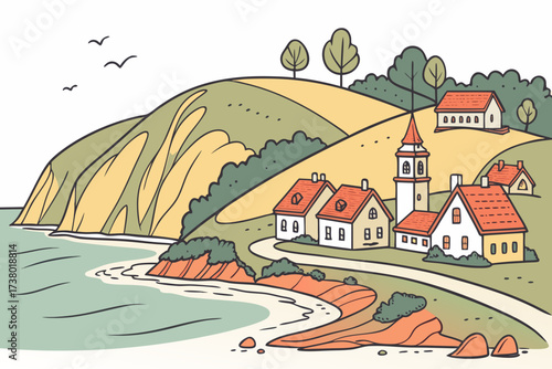 Coastal village with colorful houses on green hills