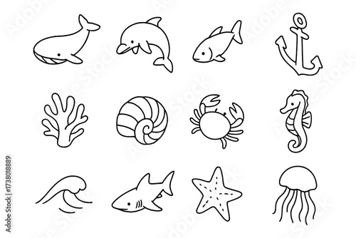 Hand drawn ocean creatures and nautical icons collection
