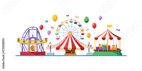 Colorful Amusement Park Rides and Balloons carnival