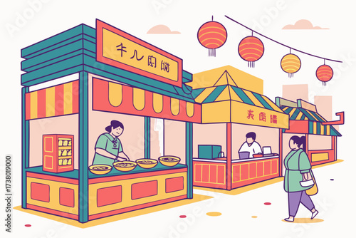 Colorful Asian night market with food stalls and lanterns