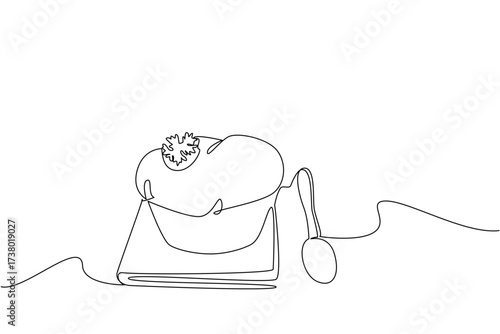 Single one line drawing a cheese souffle with celery in a bowl on a cloth and spoon. A snack with a full cheese flavor. Tasty. National Cheese Souffle Day. Continuous line design graphic illustration