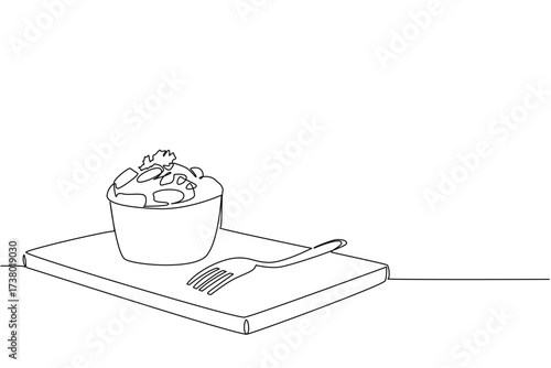 Single continuous line drawing a cheese souffle with celery in a bowl on a wooden chopping board and fork. Still warm. Enjoy now. National Cheese Souffle Day. One line design vector illustration
