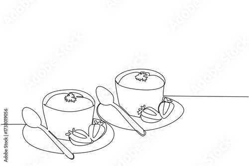 Continuous one line drawing 2 pieces of cheese souffle in a bowl on a plate with sliced ​​strawberries. Enjoying togetherness. National Cheese Souffle Day. Single line draw design vector illustration