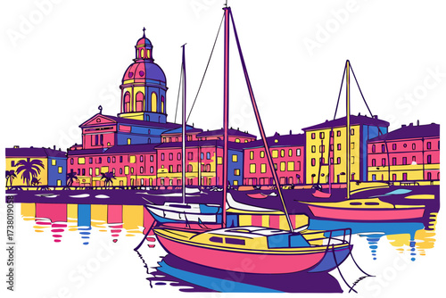 Colorful boats and buildings in a harbor illustration