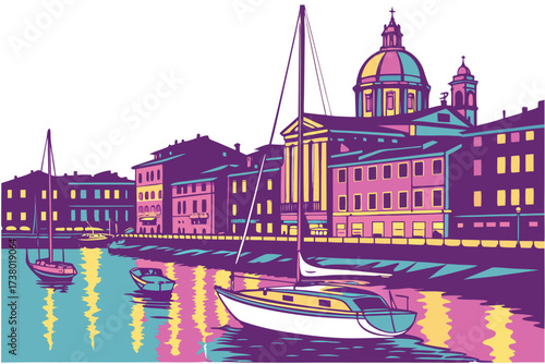 Colorful boats and buildings on a harbor illustration