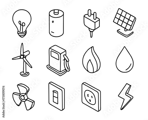 Energy and power icon set: renewable and traditional sources in simple outline style