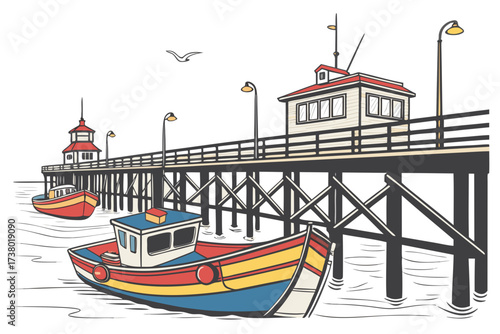 Colorful boats at a seaside pier with watchtower ocean 1