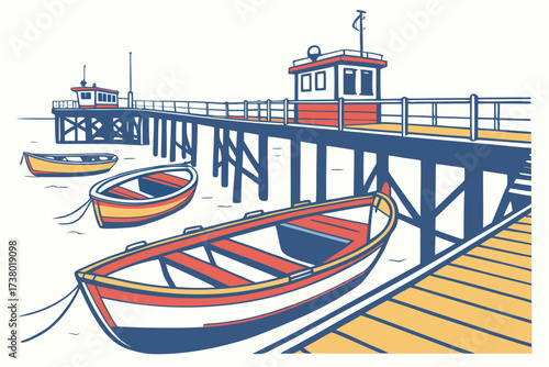 Colorful boats docked at a seaside pier illustration 1
