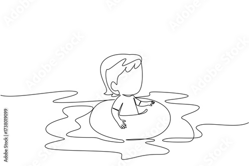 Single one line drawing baby girl wearing a swimming ring. First swimming experience for little one. Happy full of fun. Excited. National Learn to Swim Day. Continuous line design graphic illustration