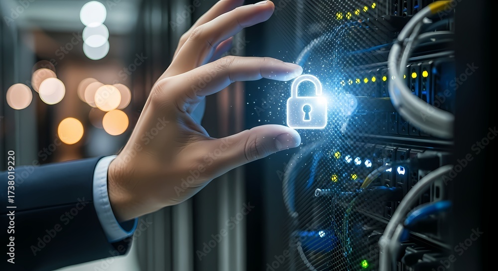 Fototapeta premium Secure Data Center Security Hand Protects Digital Lock Symbol Over Server Racks