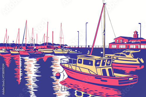 Colorful boats in a harbor with reflections sailing