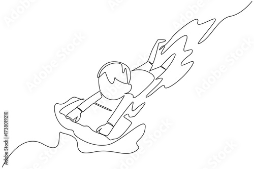 Single continuous line drawing a boy learns to swim using float. Aspiring to become a professional swimmer. Practice seriously. Newbie. National Learn to Swim Day. One line design vector illustration