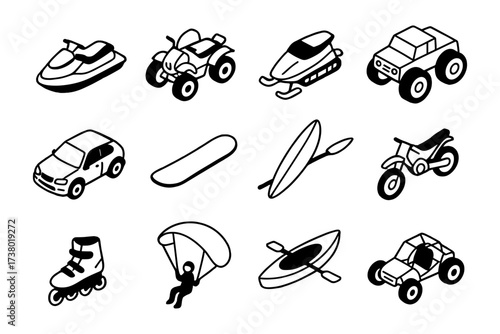 Isometric black and white recreational vehicles and sports equipment icons