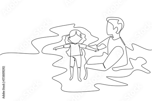 Single continuous line drawing a man holding a girl lying on her back learning to swim. Teach patiently. Educating with dedication. National Learn to Swim Day. One line design vector illustration