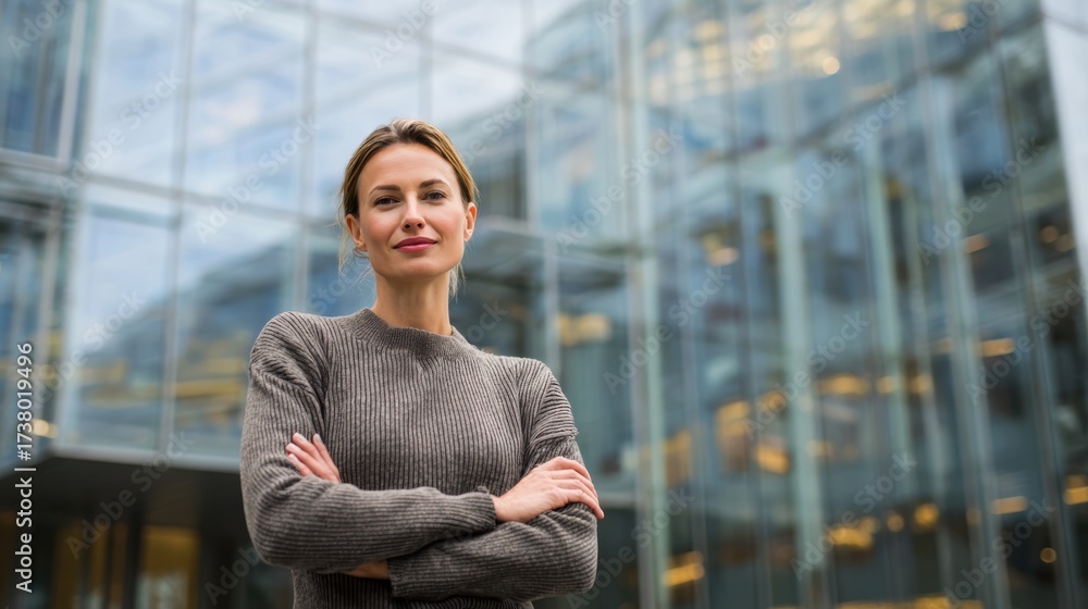 Fototapeta premium Confident businesswoman standing in front of a modern glass building, showcasing professionalism and determination.