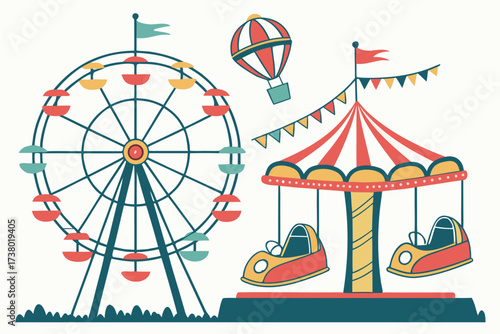 Colorful Carnival Rides and Hot Air Balloon amusement park