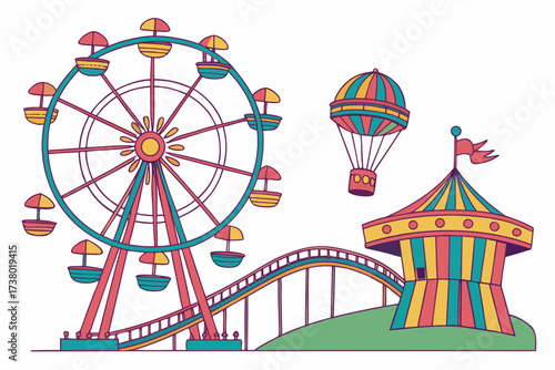 Colorful Carnival Scene Ferris Wheel Hot Air Balloon and Tent