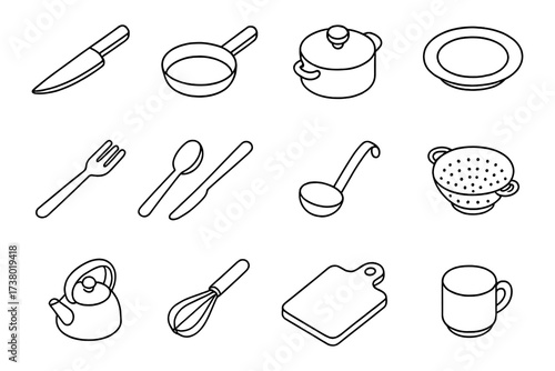 Kitchenware icons set: linear design featuring pots, pans, utensils, and more