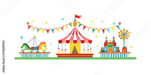 Colorful carnival scene with carousel and Ferris wheel