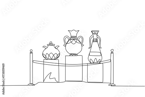 Single one line drawing several jars displayed on podium with ropes attached to poles. A rare vase from the Chinese imperial era. International Museum Day. Continuous line design graphic illustration