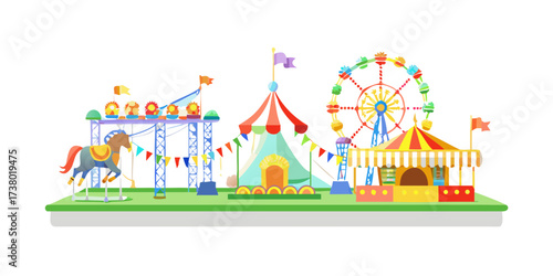 Colorful carnival scene with Ferris wheel and carousel horse