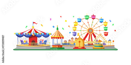 Colorful carnival scene with Ferris wheel and rides 1