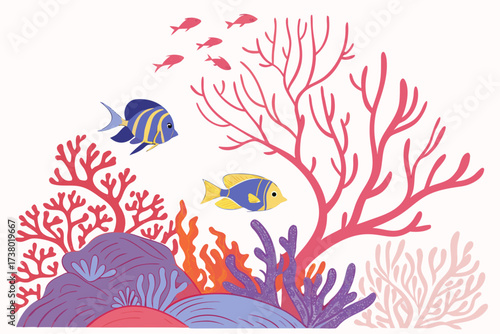Colorful coral reef with fish on white background underwater