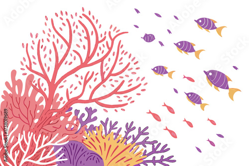 Colorful coral reef with swimming fish on white background