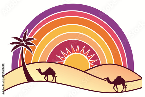 Colorful desert sunrise with camels and palm tree dunes