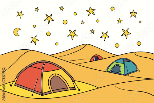 Colorful desert tents under a starry night sky stars