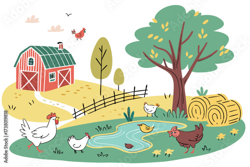 Colorful farm scene with chickens and a pond barn duckling