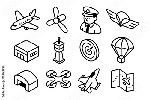 Aviation icons set: airplane, pilot, drone, parachute, and more in bold outline